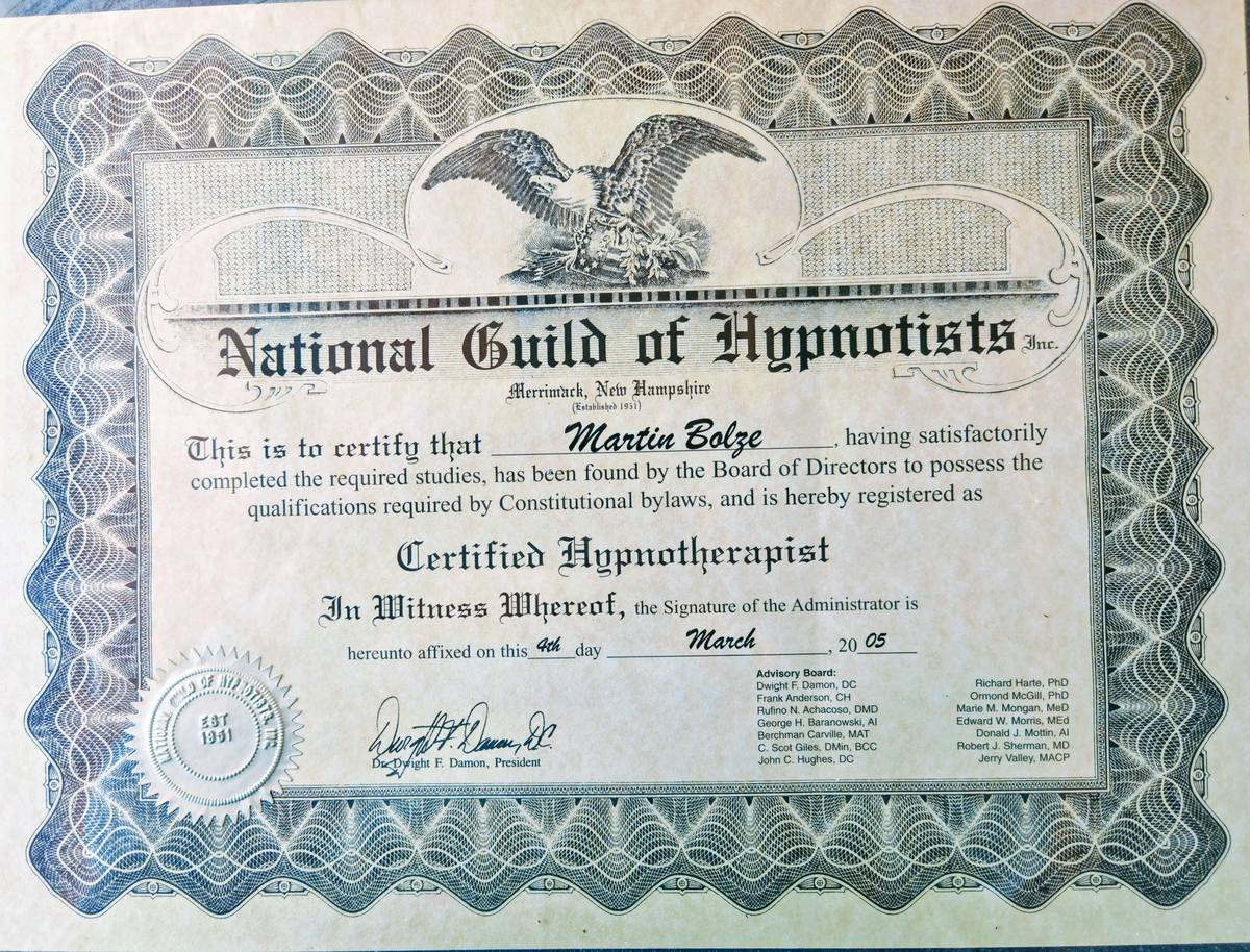 Certified Hypnotherapist, National Guild of Hypnotists