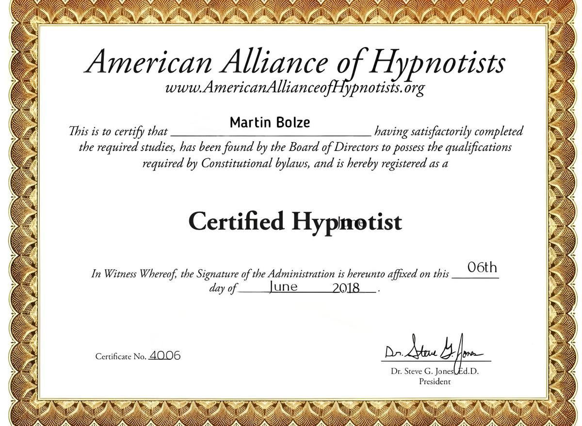 American Alliance of Hypnotists Certified Hypnotist Zertifikat